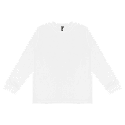 A white long sleeve tee with a round neck and cuffed sleeves, featuring a logo on the label.