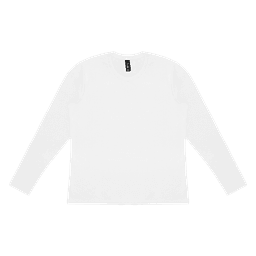 A white long sleeve tee with a round neckline and an emblem on the label.