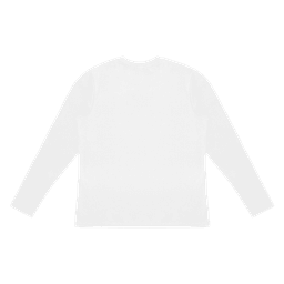 A long sleeve white tee with a round neckline and a simple design, featuring a logo on the back.