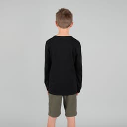 A black long sleeve youth tee is displayed, seen from the back, paired with green shorts. The shirt has a logo.