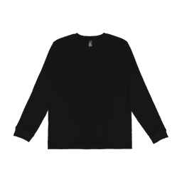 A long sleeve tee in black featuring a simple design and a logo on the tag. Suitable for youth wear.
