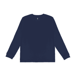 A navy blue long sleeve tee with a round neck and logo branding. Suitable for youth wear.