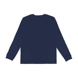 A long sleeve tee in navy blue with a logo on the back. Suitable for youth.
