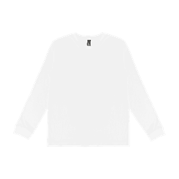 A white long sleeve tee featuring a round neckline and a branding label.