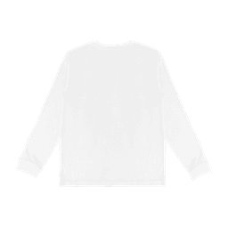 A white youth long sleeve tee featuring a simple design and a logo on the back.