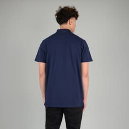 A navy blue adult polo shirt with a collar and short sleeves, featuring a logo on the back.