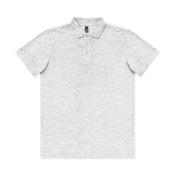 A grey polo shirt with a collar and three buttons, featuring a logo on the upper area.