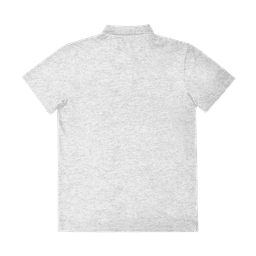 A grey adult polo shirt with a collar and short sleeves, featuring a logo on the back.