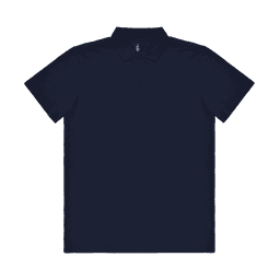 A navy blue adult polo shirt featuring a classic collar and button placket, with a logo on the chest.