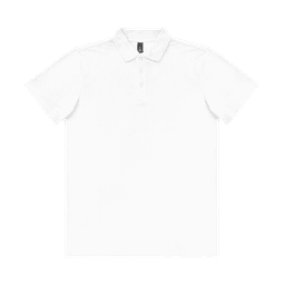 A white polo shirt with a collar and buttoned placket, featuring a logo on the chest.