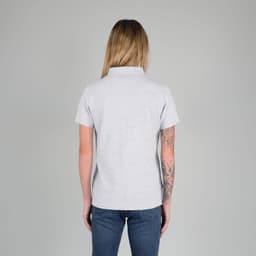 A grey ladies polo shirt featuring a classic collar and short sleeves, displayed from the back.