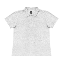 A grey ladies' polo shirt with a collar, featuring a three-button placket and a logo.
