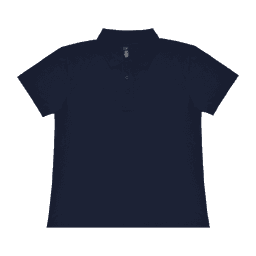 A navy blue ladies' polo shirt with a classic collar, featuring a logo on the front.