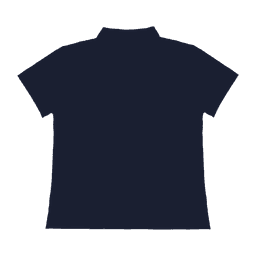 A dark navy polo shirt with a classic collar and short sleeves, featuring a logo on one side.