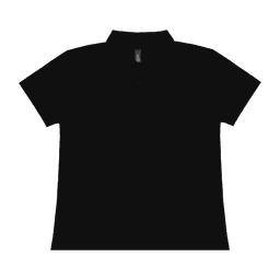 A black ladies' polo shirt featuring a collar and three buttons, with a logo on the upper side.