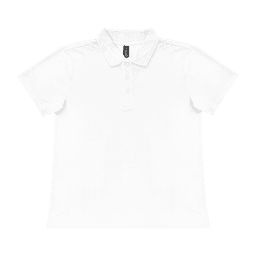 A white polo shirt with a collar and buttons, featuring a logo on the front.