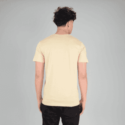 A yellow adult t-shirt viewed from the back, featuring a plain design and a logo on the back.