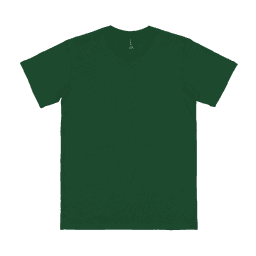 A dark green adult t-shirt with short sleeves, featuring a logo on the inside tag.