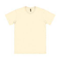 A plain, short-sleeved adult T-shirt in a soft beige colour, featuring a logo on the label.