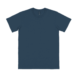 A navy t-shirt featuring a round neckline and short sleeves, with a logo on the label.