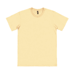 A light yellow adult T-shirt featuring a crew neckline and short sleeves. It has a logo at the neckline.