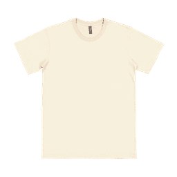 A cream-coloured adult t-shirt with a round neckline and short sleeves, featuring a brand logo.