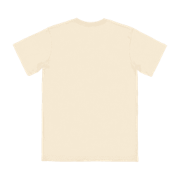 A beige adult t-shirt with a crew neck and short sleeves, featuring a logo on the back.