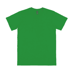 A bright green adult t-shirt made from cotton fabric. The shirt has a simple design and features a tag inside.