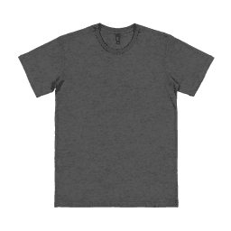 A charcoal grey adult T-shirt featuring a round neck and short sleeves. It has a logo on the side.