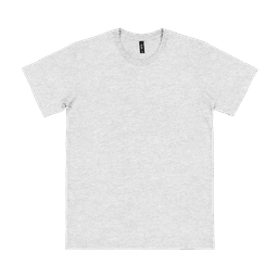 A grey adult t-shirt with a crew neck and short sleeves. It features a logo on the inside label.