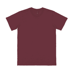 A burgundy adult T-shirt with short sleeves and a round neckline. It features a branding label inside.