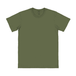 An olive green adult t-shirt with a round neckline and short sleeves, featuring a logo.
