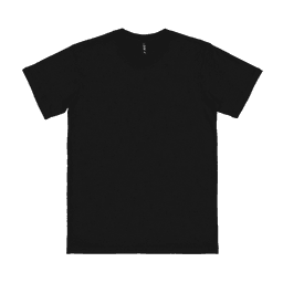 A black adult T-shirt with a round neckline and short sleeves, featuring a logo.