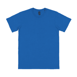 A blue adult T-shirt featuring a logo, with a classic crew neckline and short sleeves.