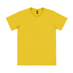 A yellow adult t-shirt with a round neckline and short sleeves, featuring a logo.