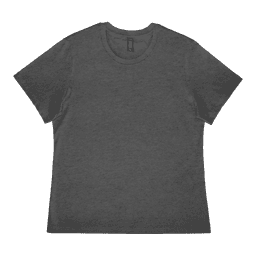 A dark grey ladies tee with a crew neck and short sleeves. The shirt features a logo.
