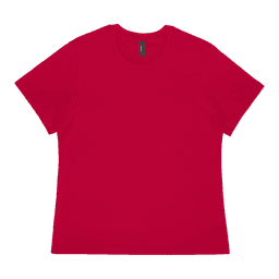 A red ladies' t-shirt with a crew neck and short sleeves, featuring a logo.