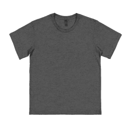 A grey youth t-shirt with a crew neck and short sleeves, featuring a logo.