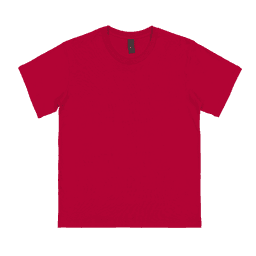 A red youth t-shirt with short sleeves and a tag visible at the neckline. It has a plain design and features a logo.