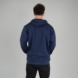 A navy zip hoodie with a hood, viewed from the back, featuring a plain design and a logo on the garment.
