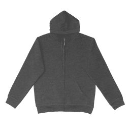 A dark grey zip-up hoodie with a hood and side pockets, featuring a logo.