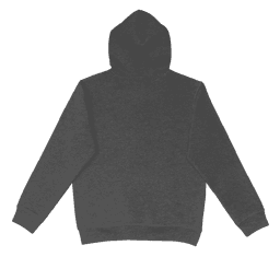 A dark grey hoodie with a hood, featuring a simple design and a branded logo on the back.