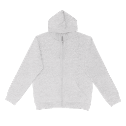 A grey zip hoodie with a hood and full front zip, featuring a logo.