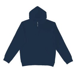 A navy zip hoodie featuring a front pocket and a hood, with a simple design and a branding logo.