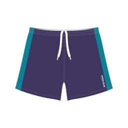 Volleyball shorts in navy blue with teal side panels and a drawstring waistband, featuring a logo.