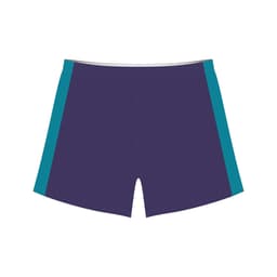 Sports shorts in dark purple with teal side panels, featuring a logo on the front.