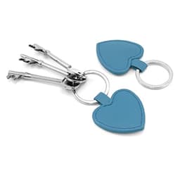 A key ring featuring a blue heart pendant attached to metal keys and a keyring. It has a sleek design.