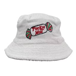 A white terry towelling bucket hat featuring an embroidered design with festive candy motifs.