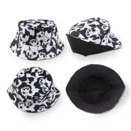 A black and white sublimation printed bucket hat featuring a playful panda design, showing multiple angles and an interior view.