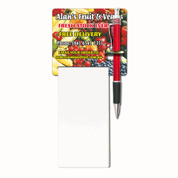 A promotional notepad with a red pen attached, featuring a vibrant fruit and vegetable design at the top.